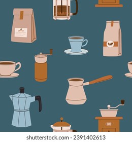 Vintage coffee cup and brewing accessories seamless pattern. Hand drawn vector illustration. Perfect for wrapping paper, packaging, textile, coffe shop