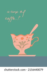 It is a vintage coffee cup cartoon. Green background is used. Can be used as a poster.
