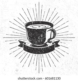 Vintage coffee cup with scroll and sunburst on grunge background