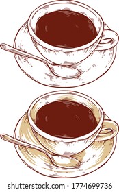 Vector de taza de café vintage. Dibujo en el dibujo a mano y color de estilo vintage. Vector de estilo de grabado vintage para cafetería. aislar en fondo blanco