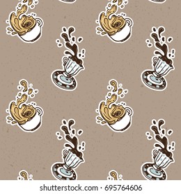 Vintage coffee cups with coffee splashes - seamless pattern