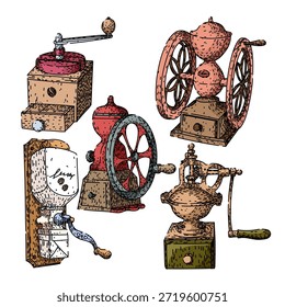 colección de molinillo de café Antiguas en estilo de dibujos animados grabados, que muestra varios diseños antiguos de manivela y herramientas de cocina rústicas para moler granos y preparar café