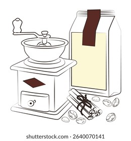 Vintage coffee grinder with a crank handle sits beside a sealed coffee bean package and cinnamon sticks in this vector illustration. Perfect for cafe or culinary-themed designs.