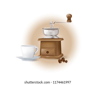 Vintage Coffee grinder with coffee cup.