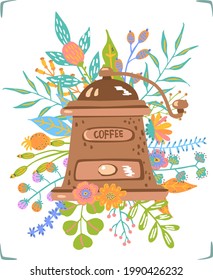 vintage coffee grinder decorated with twigs flowers leaves vector illustration