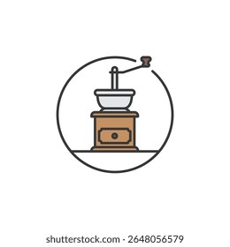 Ícone de moedor de café vintage simbolizando terrenos frescos. Ótimo para marcas de café, guias de cerveja e menus especiais focados em aroma, textura e qualidade artesanal