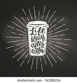 Vintage coffee grinder silhouette with sun rays and lettering Keep calm and drink coffee on chalk board.