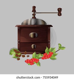 Vintage coffee grinder.Coffee mill vector.Apparatus for grinding coffee beans. Isolated on background.offee branch.Natural organic caffeine. plant with coffee leaf, berry.