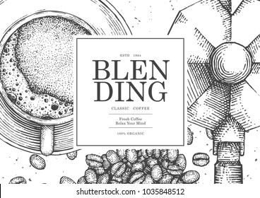 Vintage coffee illustration for poster , card or label of packaging design. Use by Pen and Ink Sketch Drawing Technique. Vector and illustration.