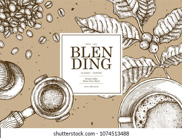 Vintage coffee illustration for poster, card or label of packaging design. Pen and Ink Sketch Drawing Technique. Vector and illustration.