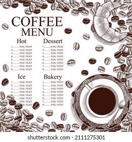 Vintage coffee illustrations for a poster or menu template. Food menu, restaurant template design. Flyer cafe. Vintage engraving stylized drawing. Vector illustration