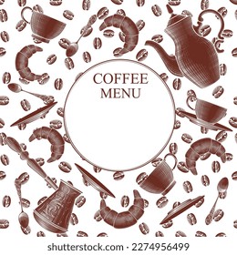 Vintage coffee illustrations for a poster or menu template. Food menu, restaurant template design. Flyer cafe. Vintage engraving stylized drawing. Vector illustration