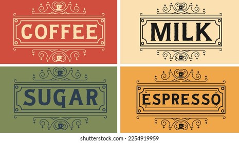 Vintage coffee label sign vector graphic svg design for coffee shop, brand, bar, house. Labels included are coffee, milk, espresso, sugar.