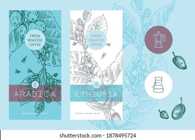 Plantilla de etiqueta de café vintage con dibujo de grano de café vectorial en estilo grabado. Ilustración de rama de café aislada con hoja, flor, baya, fruta, semilla en estilo grabado. Cafeína orgánica natural.