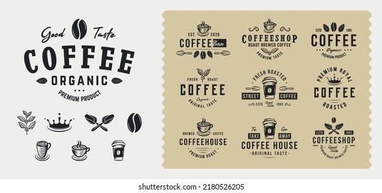 Conjunto de logotipo del café de época. Conjunto de 10 plantillas de logotipo de café y 7 elementos de diseño para Cafe, Restaurante, emblemas y afiches de la cafetería. Ilustración del vector