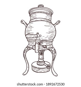 Vintage coffee machine for brewing coffee with small pea, outline drawing isolated on white background, stock vector illustration, for design and decoration, poster, sticker, copper cookware