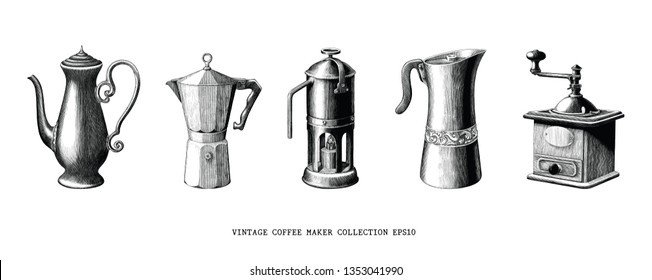 Vintage coffee maker collection hand draw black and white clip art isolated on white background