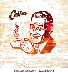 Vintage coffee men icon on wooden background. Vector illustration drawn by hand.
