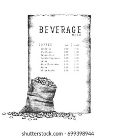 Vintage coffee menu with Coffee bean , Sackcloth , Old paper and Old Typewriter font by Cross hatching , Contour hatching Pen ink sketch drawing  technique.Use by Professional pen.Vector.Illustration.