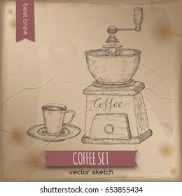 Vintage coffee milll and coffee cup sketch. Great for market, restaurant, cafe, food label design.