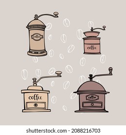 Vintage Coffee mills set. Hand drawn line sketch. Coffee grinder. Colourful vector illustration on sepia.