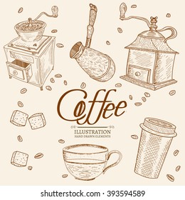Vintage coffee objects hand drawn set 