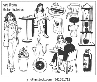 Vintage Coffee objects. People sitting in a cafe / Woman hands holding two cups of coffee. Hand drawn vector illustrations.