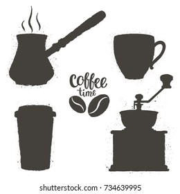 Vintage coffee objects  set. Silhouettes of coffee cups, grinder, pot with beans logo and lettering. Coffee time collection.