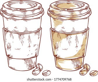 Vintage coffee paper cup illustration vector. hand drawing with vintage coloring style vector. engraving style vector for your coffee shop. isolate in white background