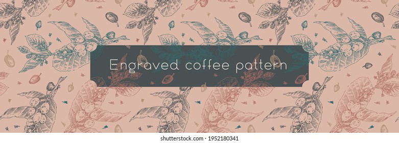 Vintage coffee pattern. Coffee package seamless background for coffee shop banner template with vector branches drawing in engraving style. Coffee roasting banner. Elegant engraved floral pattern.