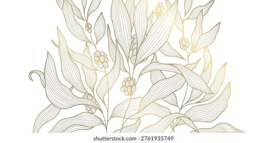 Vintage coffee plant pattern with hand-drawn beans, leaves,branches in elegant line art. Botanical vector illustration captures tropical plantation aesthetics, perfect for café branding, coffee packaging, labels, wallpapers