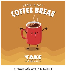 Vintage Coffee Poster Design With Vector Coffee Character. 