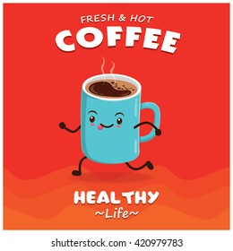 Vintage Coffee Poster Design With Vector Coffee Character. 