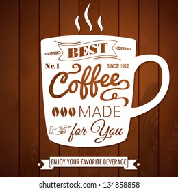 Vintage coffee poster on a dark wooden background. Vector image.