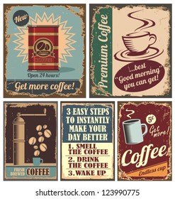 Vintage Coffee Posters And Retro Cafe Metal Signs. Set Of Vector Graphic Designs With Coffee Beans And Coffee Cup.