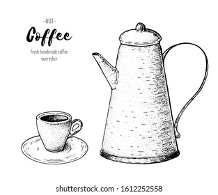 Vintage coffee pot. Hand drawn sketch. Vintage vector illustration. Make espresso coffee. 