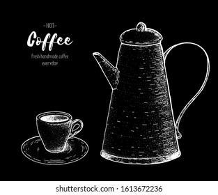 Vintage coffee pot. Hand drawn sketch. Vintage vector illustration. Make espresso coffee. 