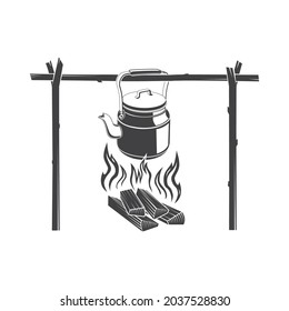 Vintage coffee pot on camping fire silhoutte Vector illustration. Wonderful evening atmospheric background of campfire. Romantic warm place with fire. The concept of adventure, travel, tourism