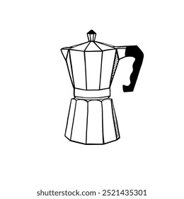 Cafetera Antiguas, arte de línea de Vector simple. Ilustración de cafetera en blanco y negro. 