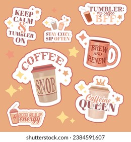 Vintage coffee quotes sticker set, with aesthetic feel in pastel colors. Hand drawn various coffee cups, tumbler, paper cup with cute and funny sayings, coffee shop decoration