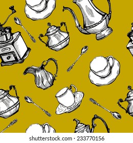 vintage coffee set hand drawn seamless pattern