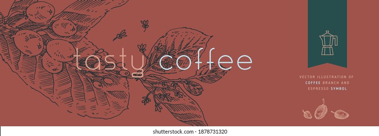 Vintage coffee shop banner template with vector coffee beans drawing in engraving style. Isolated coffee branch illustration on brown background. Panoramic coffee roasting banner. Organic caffeine.