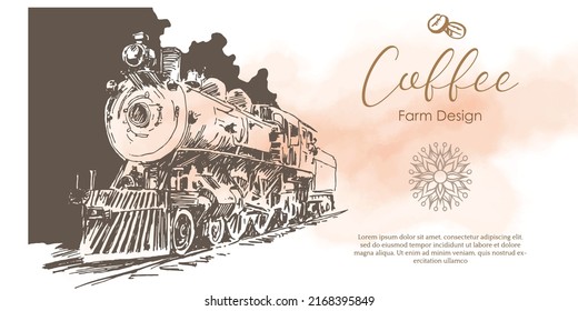 Vintage coffee shop banner template with vector classic train image in engraved style. Illustration of ancient locomotive for coffee shop on brown background. Panoramic coffee transport banner.