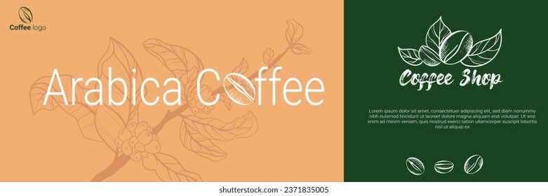 
Vintage coffee shop banner template with vector coffee beans drawing in engraving style. Isolated coffee branch illustration on brown background. Panoramic coffee roasting banner. Organic caffeine.
