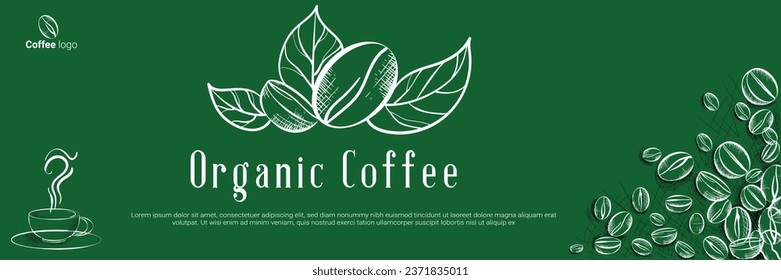 
Vintage coffee shop banner template with vector coffee beans drawing in engraving style. Isolated coffee branch illustration on brown background. Panoramic coffee roasting banner. Organic caffeine.
