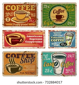 Vintage coffee shop and cafe metal vector signs in old 1940s style. Vintage coffee poster grunge, banner with hot coffee illustration