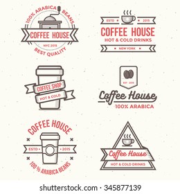 Vintage coffee shop labels, banner, ribbon, logo and badges vector set