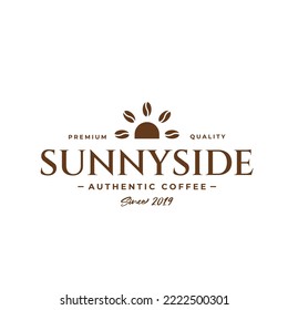 Vintage coffee shop logo with sun and coffee beans. Coffee shop logo and sun.