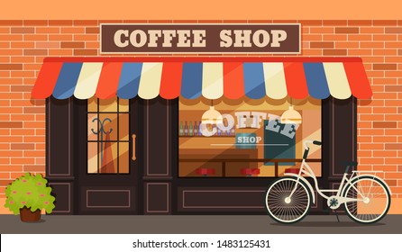 Vintage coffee shop store facade with storefront large window, columns and brick wall. Facade residential building front view. Graphic coffee shop exterior small food business vector illustration