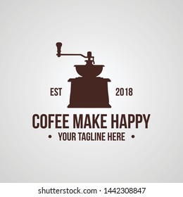 Vintage coffee shop or coffee theme with old coffee grinder silhouette logo design vector